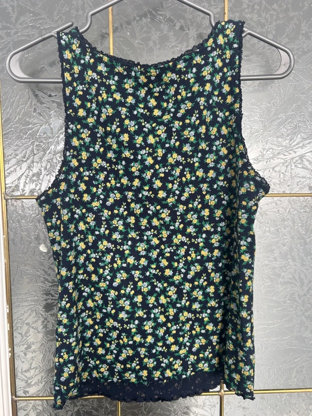 Old Navy Navy Floral Ditsy Tank Top with Yellow & Green Flowers - Picture 3 of 4